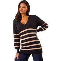 Roman Women's Stripe V-Neck Boyfriend Knit Jumper in Black | Size: 18