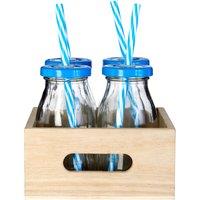 Orsina Elegant Blue Straws & Lids Glass Drinking Bottles, Convenient Clear Glass Jars, Versatile Glass Bottles