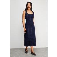 Warehouse Women's Seam Detail Fitted Denim Midi Dress in Indigo | Size: 12