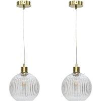 First Choice Lighting Set of 2 Betchley - Clear Ribbed Glass Globe with Satin Brass Pendants