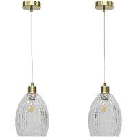 First Choice Lighting Set of 2 Birch - Clear Fluted Glass with Satin Brass Pendant Fittings