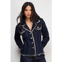 Warehouse Women's Front Fitted Denim Jacket With Frayed Hem in Indigo | Size: 6