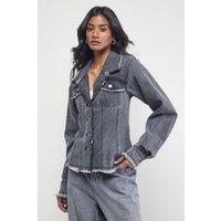 Warehouse Women's Front Fitted Denim Jacket With Frayed Hem in Grey | Size: 10