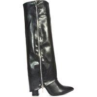 XY London Women's 'Allie' Knee High Boots Fold Over Point Toe Deco Zip in Black | Size: 6