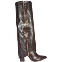 XY London Women's 'Allie' Knee High Boots Fold Over Point Toe Deco Zip in Brown | Size: 7