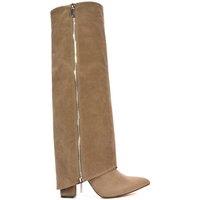 XY London Women's 'Allie' Knee High Boots Fold Over Point Toe Deco Zip in Taupe | Size: 7