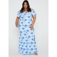FASHION-SZN Women's Bardot Puff Sleeve Maxi Dress in Blue Floral Print - Boho Chic Style in White | Size: 32