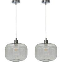 First Choice Lighting Set of 2 Batley Large - Clear Ribbed Glass with Chrome Pendant Fitting