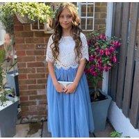 UK Flower Girl Boutique Girl's Felicity Couture Flower Girl Set - Dusty Blue in Mid Blue | Size: 12-13 Years