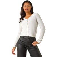 Roman Women's Shimmer V-Neck Ribbed Cardigan in White | Size: Medium