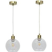 First Choice Lighting Set of 2 Barnum - Clear Glass Globe with Satin Brass Pendant Fittings
