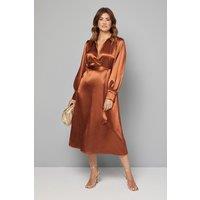 Wallis Women's Satin Collared Tie Waist Midi Dress in Ginger | Size: 16