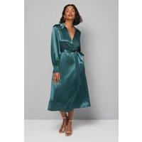 Wallis Women's Satin Collared Tie Waist Midi Dress in Green | Size: 18