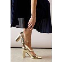Wallis Women's Elodie Faux Leather Asymmetric Strap Pointed High Block Heel Court Shoes in Gold | Size: 4