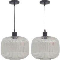 First Choice Lighting Set of 2 Batley Large - Clear Ribbed Glass with Black Pendant Fittings