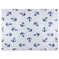 Benjamin Tate Design Navy Anchors On White Glass Chopping Board in Natural