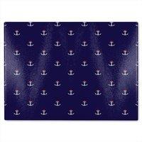 Benjamin Tate Design White & Red Anchors On Navy Glass Chopping Board in Natural