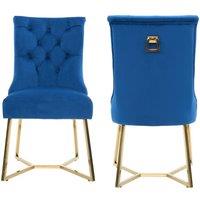 Life Interiors Set of 2 Ambra Modern Velvet Dining Chairs with Gold Legs, Ring Handle & Tufted Back in Blue