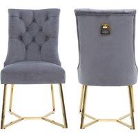 Life Interiors Set of 2 Ambra Modern Velvet Dining Chairs with Gold Legs, Ring Handle & Tufted Back in Grey