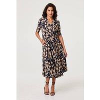 Izabel London Women's Printed Ruched 1/2 Sleeve Midi Dress in Navy | Size: 8