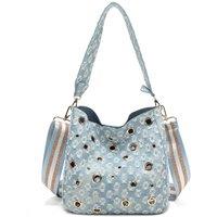 Fontanella Fashion Women's Denim Hole Punch Hobo Shoulder Bag & Pouch 2-in-1 with Three-Tone Glitter Strap in Light Blue