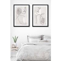 ARTZE Set of 2 Abstract Beige & Grey Female Line Art Wall Art Prints in Black Frames in Light Beige | Size: W50 cm x H70 cm
