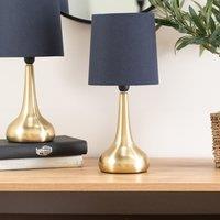 ValueLights Teardrop Pair of Fabric Shades Brushed Gold Bedside Touch Table Lamps in Navy