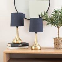 ValueLights Teardrop Pair Fabric Shades Brushed Gold Touch Table Lamps with Bulbs in Navy