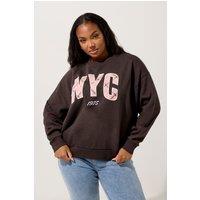 Yours Women's 'NYC' Check Crew Neck Sweatshirt in Brown | Size: 20