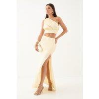 MissPap Women's Satin One Shoulder Top & Maxi Skirt Co-ord in Yellow | Size: 16