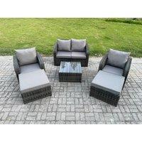 Fimous 6 Seater High Back Rattan Garden Furniture Set with Square Coffee Table 2 Big Footstool Reclining Chair Indoor Outdoor Patio Lounge Sofa Set