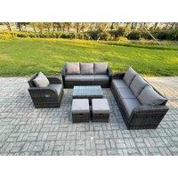 Fimous 9 Seater Rattan Lounge Sofa Set Outdoor Garden Furniture Set with Rectangular Coffee Table 3 Seater Sofa 2 Small Footstools in Dark Grey