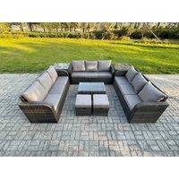 Fimous Rattan Lounge Sofa Set 11 Seater Outdoor Garden Furniture Set with Rectangular Coffee Table 3 Seater Sofa 2 Side Tables 2 Small Footstools
