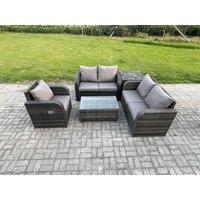 Fimous High Back Rattan Garden Furniture Set w/ Loveseat Sofa Rectangular Coffee Table Side Table Indoor Outdoor Patio Lounge Sofa Set Dark Grey Mixed