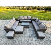 Fimous Rattan Lounge Sofa Set 12 Seater Outdoor Garden Furniture Set with Rectangular Coffee Table 3 Seater Sofa Side Table 3 Footstools in Dark Grey