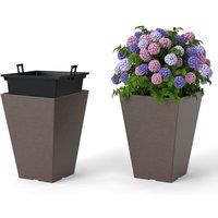 Costway Square Taper Planter Set of 2 35cm Self-Watering Flower Pots in Brown