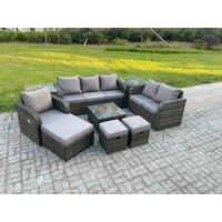 Fimous Rattan Garden Furniture 9 Piece Patio Set With Table Sofa Square Coffee Table Reclining Chair Side 3 Seater Sofa 3 Footstools in Dark Grey