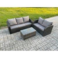 Fimous 5 Seater Rattan Wicker Garden Furniture Patio Conservatory Sofa Set with Rectangular Coffee Table 3 Seater Sofa Love Sofa in Dark Grey