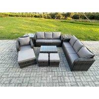 Fimous 10 Seater Rattan Lounge Sofa Set Outdoor Garden Furniture Set with Rectangular Coffee Table 3 Seater Sofa 3 Footstools 2 Side Tables