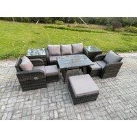 Fimous Rattan Wicker Garden Furniture Patio Conservatory Sofa Set with Rectangular Dining Table Reclining Chair 3 Seater Sofa in Dark Grey