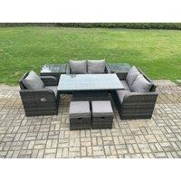Fimous Wicker PE Rattan Furniture Garden Dining Set With Reclining Chair 2 Side Tables 2 Small Footstools in Dark Grey