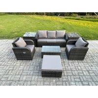 Fimous Outdoor Rattan Garden Furniture Set Patio Lounge Sofa Set with Reclining Chair Rectangular Coffee Table 2 Side Tables in Dark Grey