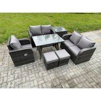 Fimous 7 Pieces Outdoor Garden Dining Sets Rattan Furniture With Dining Table Armchairs Love Sofa Side Table 2 Small Footstools Dark Grey Mixed