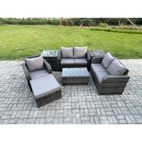 Fimous High Back Rattan Garden Furniture Set w/ Loveseat Sofa Rectangular Coffee Table 2 Side Tables Big Footstool Indoor Outdoor Patio Lounge Sofa