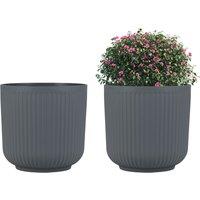 Costway Round Plastic Planters Set of 2 32 cm Striped Flower Pots in Grey
