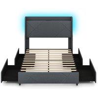 Gymax Double Size Bed Frame Upholstered Platform Bed With LED Lights in Grey