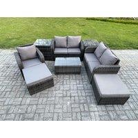 Fimous High Back Rattan Garden Furniture Set with Loveseat Sofa Coffee Table 2 Big Footstool 2 Side Tables Indoor Outdoor Patio Lounge Sofa Set