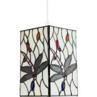 Happy Homewares Stained Glass Dragonfly Rectangular Tiffany Pendant Light Shade in White