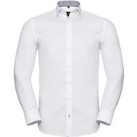 Russell Collection Men's Long Sleeve Contrast Herringbone Shirt in White | Size: 18.5 in