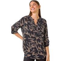Roman Women's Leaf Puff Print Button Front 3/4 SleeveTop in Beige | Size: 14